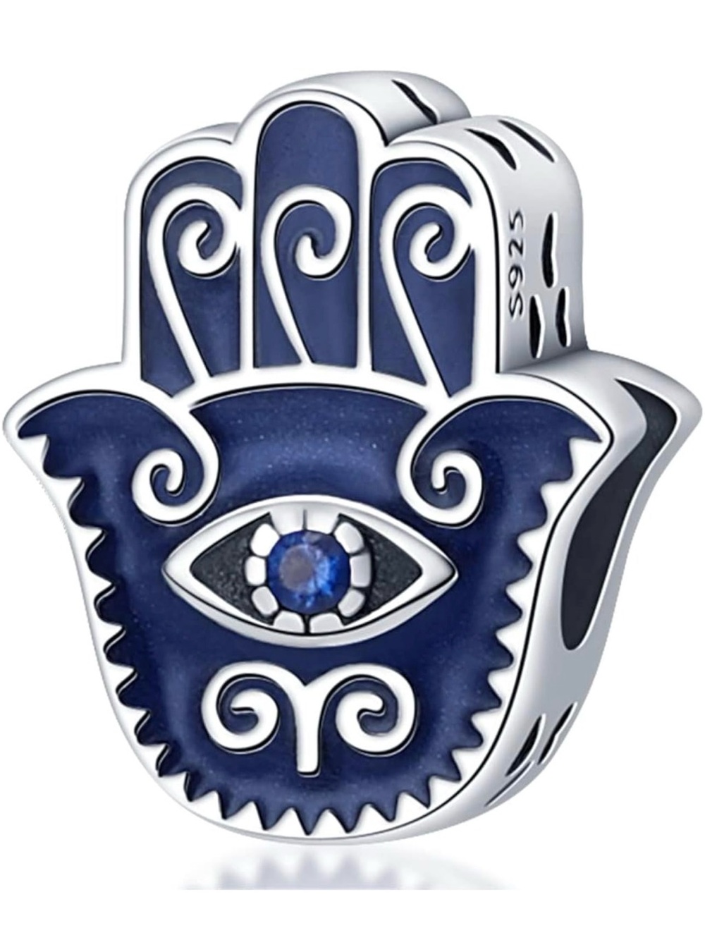 925 Sterling Silver Blue Enamel Hamsa Hand Evil Eye Bead Charm